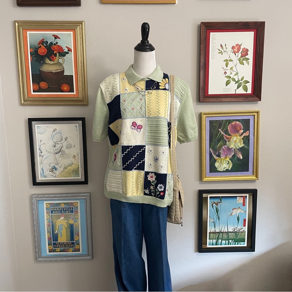 Vintage Alfred Dunner Patchwork Knit Top in Light Green